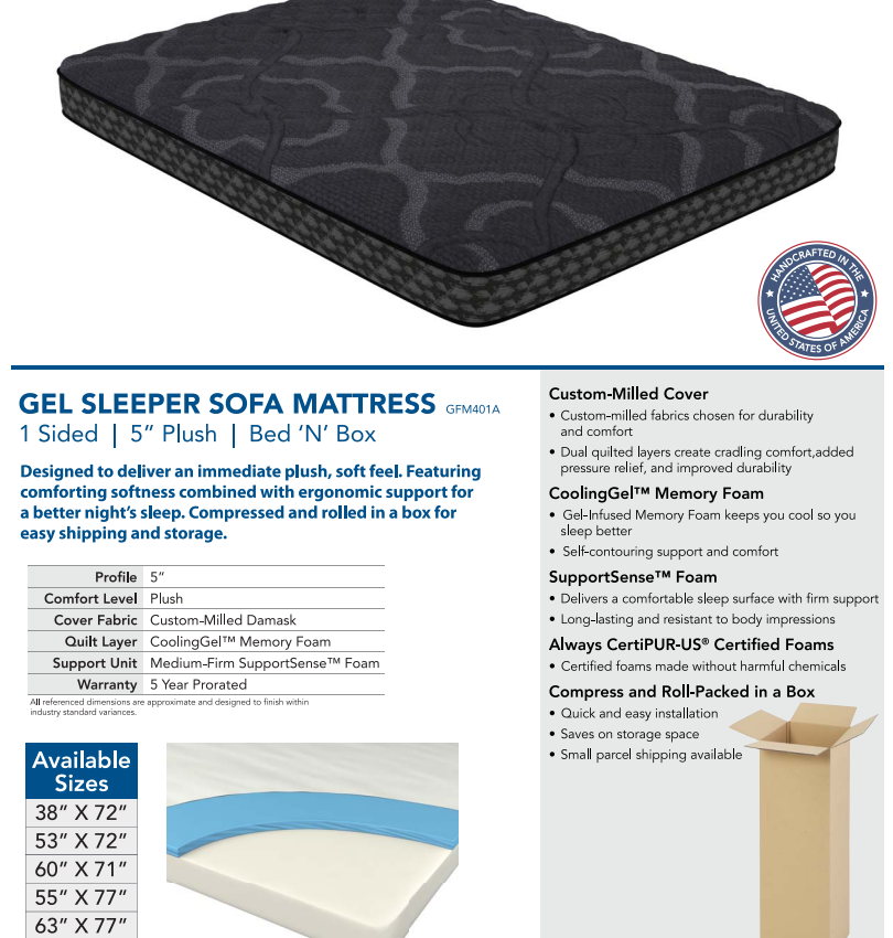 Gel Sleeper Sofa 5" Plush Mattress