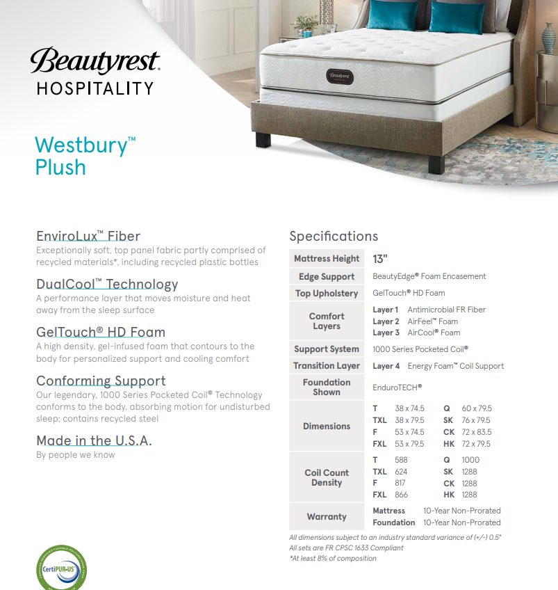 Simmons Westbury Plush Mattress / Single Side Mattress / Hospitality