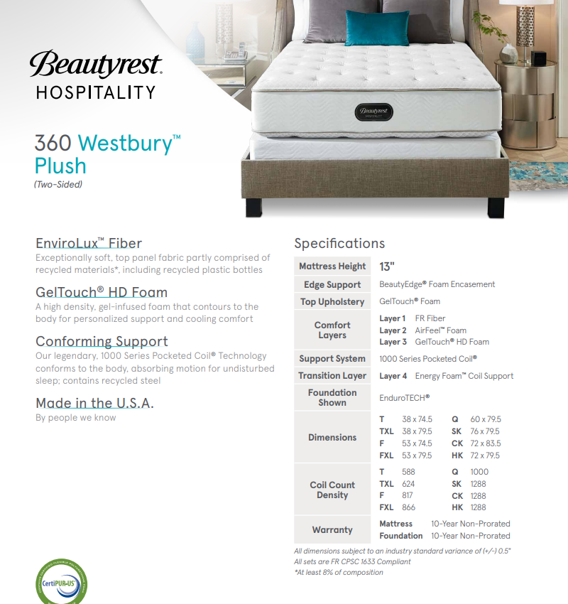 Simmons Westbury Plush Mattress / Double Sided Mattress / Hospitality