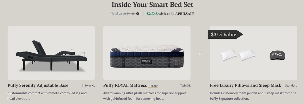 Puffy Smart Beds ROYAL Mattress W/ Adjustable Base