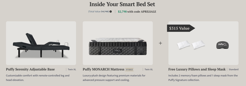 Puffy Smart Beds MONARCH Mattress W/ Adjustable Base